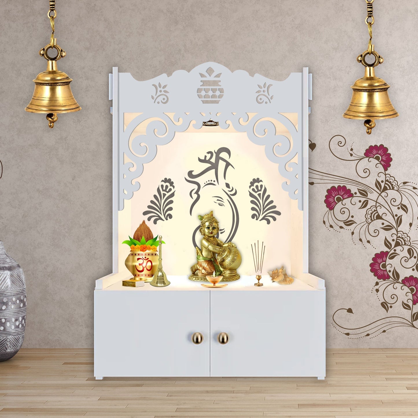 Beautiful Design of Shri Ganesh Floor Temple with Spacious Wooden Shelf & Inbuilt Focus Light- White Finish