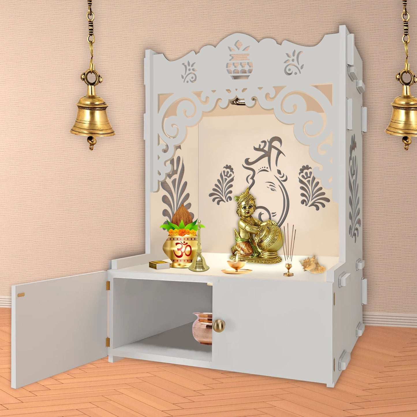 Beautiful Design of Shri Ganesh Floor Temple with Spacious Wooden Shelf & Inbuilt Focus Light- White Finish