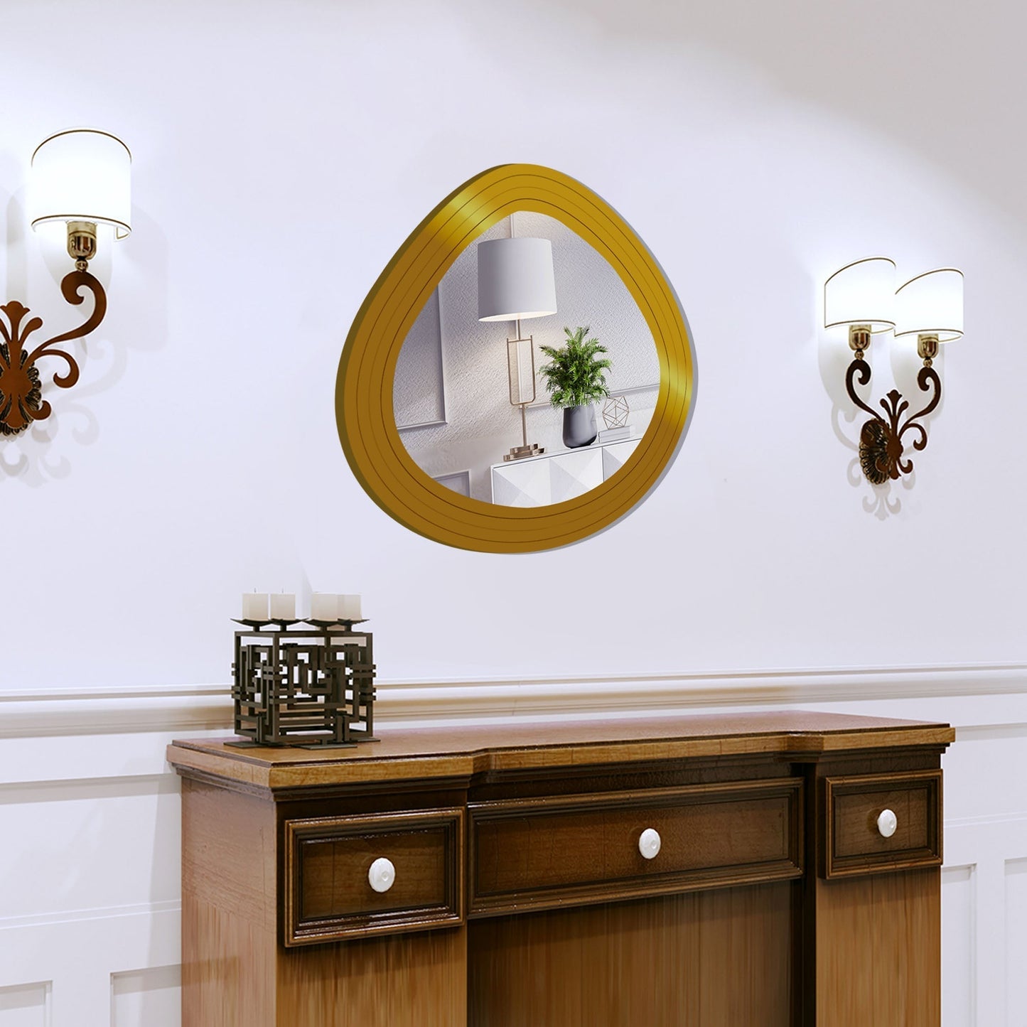 Beautiful Designer Oval Shape Wooden Golden Finish Round Vanity Mirror