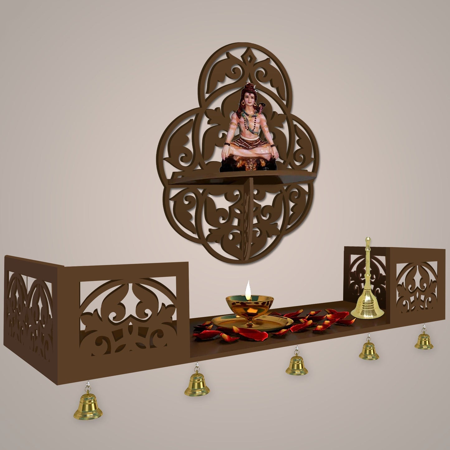 Beautiful Designer Pattern Wall Hanging Wooden Temple/ Pooja Mandir Design with Shelf, Brown Color