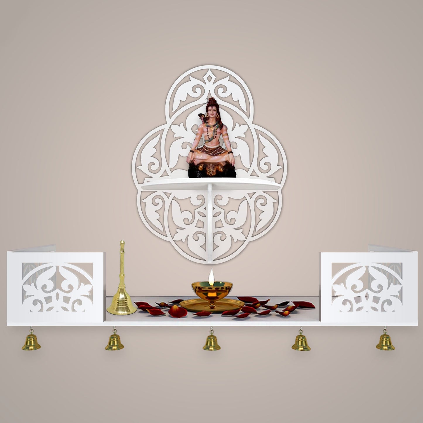 Beautiful Designer Pattern Wall Hanging Wooden Temple/ Pooja Mandir Design with Shelf, White Color