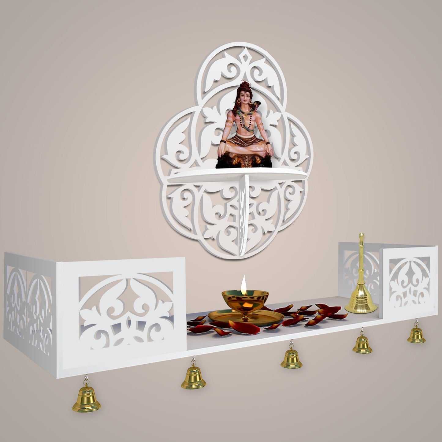 Beautiful Designer Pattern Wall Hanging Wooden Temple/ Pooja Mandir Design with Shelf, White Color