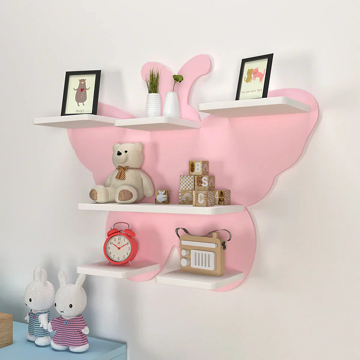 Beautiful Designer Pink Butterfly Wooden Wall Shelf for Kids