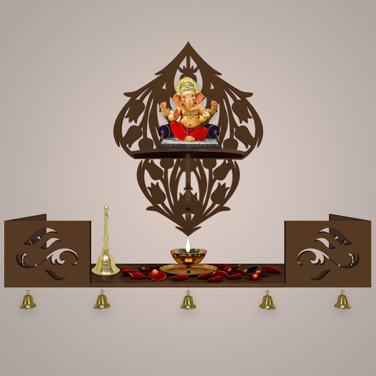 Beautiful Flower Art Designer Wall Hanging Wooden Temple/ Pooja Mandir Design with Shelf, Brown Color