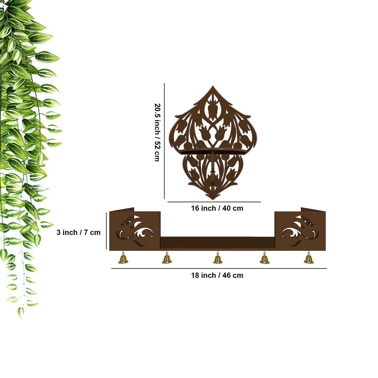 Beautiful Flower Art Designer Wall Hanging Wooden Temple/ Pooja Mandir Design with Shelf, Brown Color