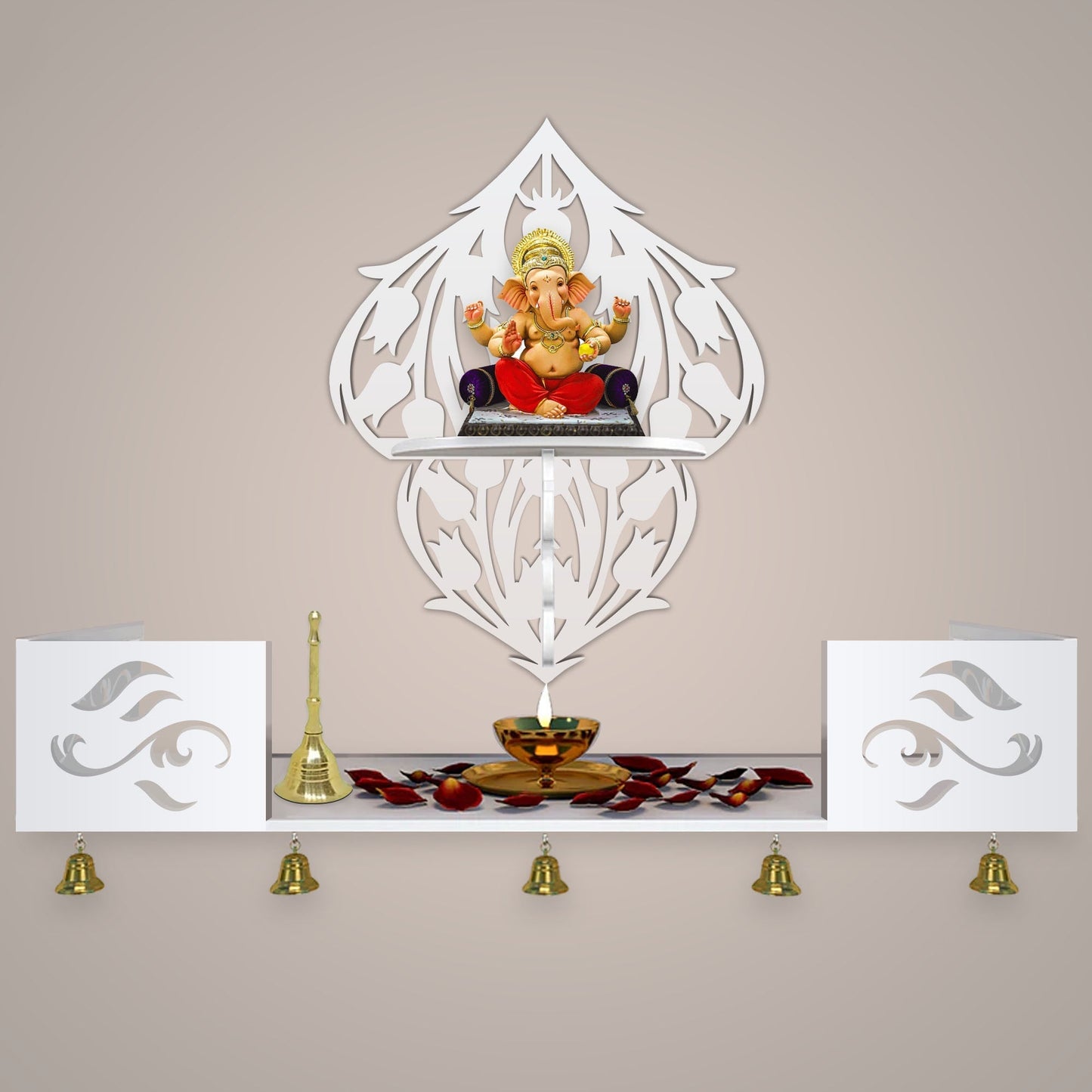 Beautiful Flower Art Designer Wall Hanging Wooden Temple/ Pooja Mandir Design with Shelf, White Color