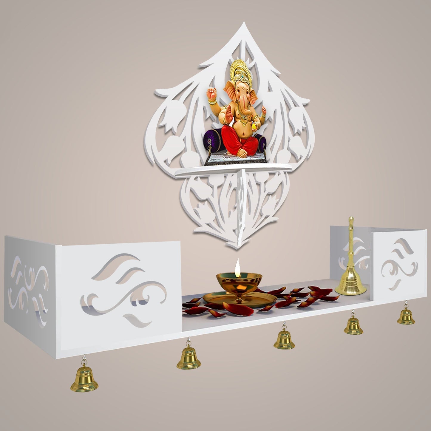 Beautiful Flower Art Designer Wall Hanging Wooden Temple/ Pooja Mandir Design with Shelf, White Color