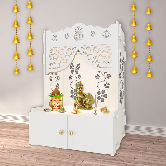 Beautiful Flower Design Pattern Floor Temple with Spacious Wooden Shelf & Inbuilt Focus Light- White Finish