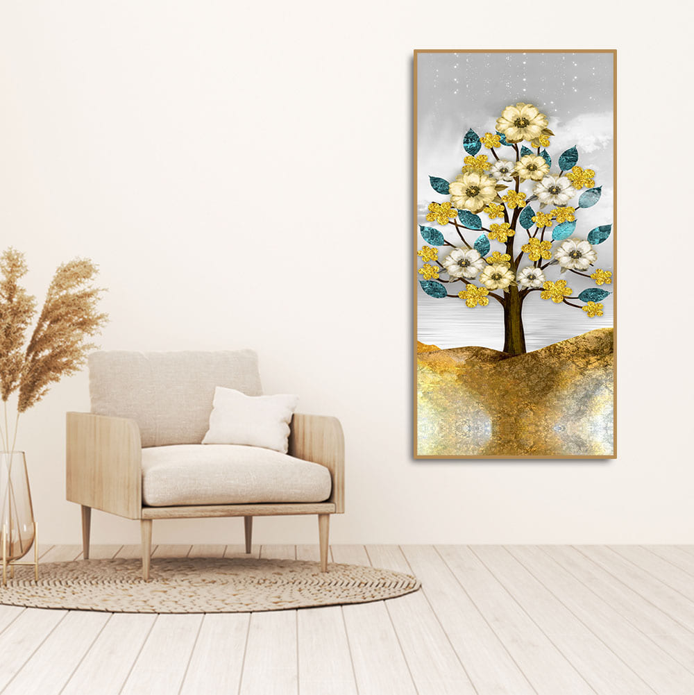 Beautiful Golden Flowers and Turquoise Mountains Canvas Wall Painting