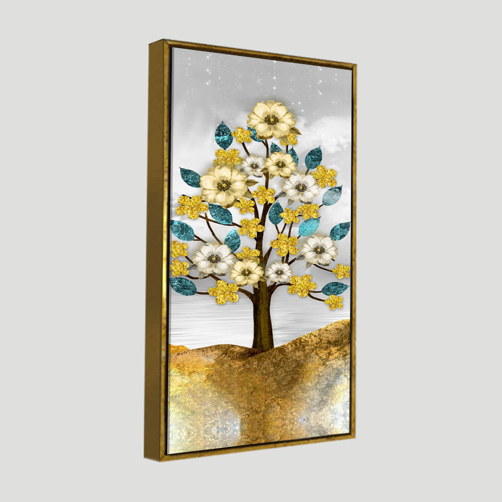 Beautiful Golden Flowers and Turquoise Mountains Canvas Wall Painting