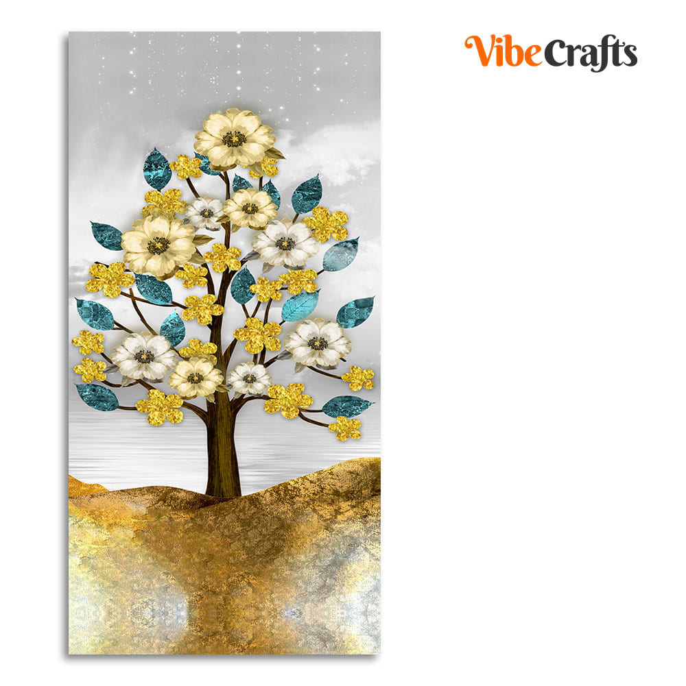 Beautiful Golden Flowers and Turquoise Mountains Canvas Wall Painting