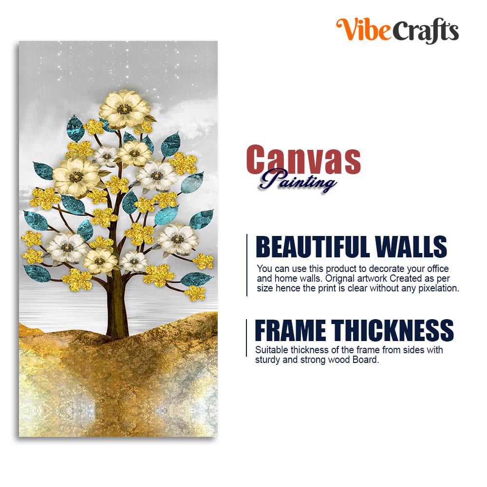 Beautiful Golden Flowers and Turquoise Mountains Canvas Wall Painting