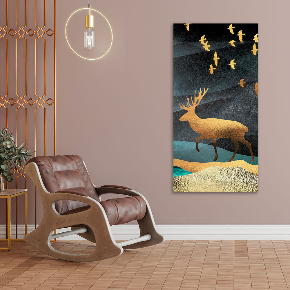 Beautiful Golden Walking Deer Premium Canvas Wall Painting