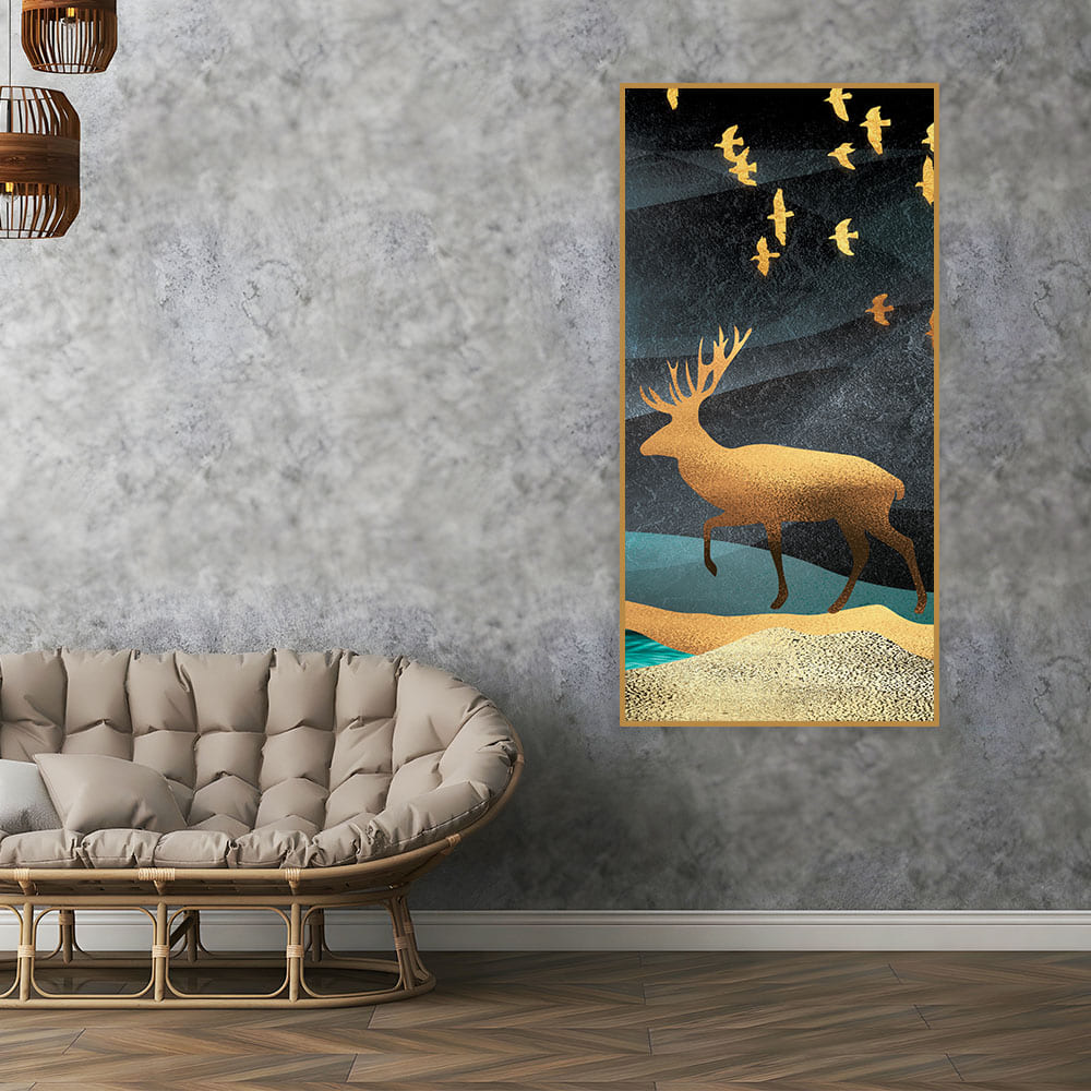 Beautiful Golden Walking Deer Premium Canvas Wall Painting