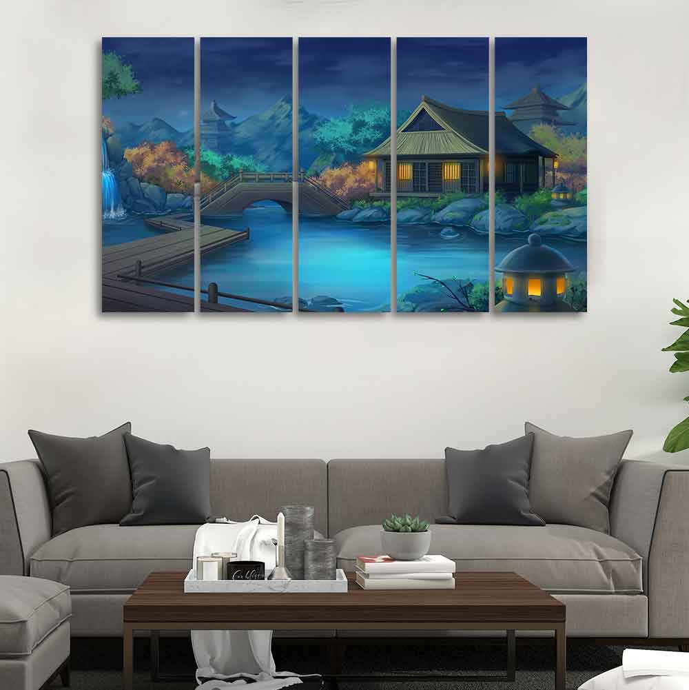 Beautiful Japanese Courtyard at Night Canvas Wall Painting of Five Pieces