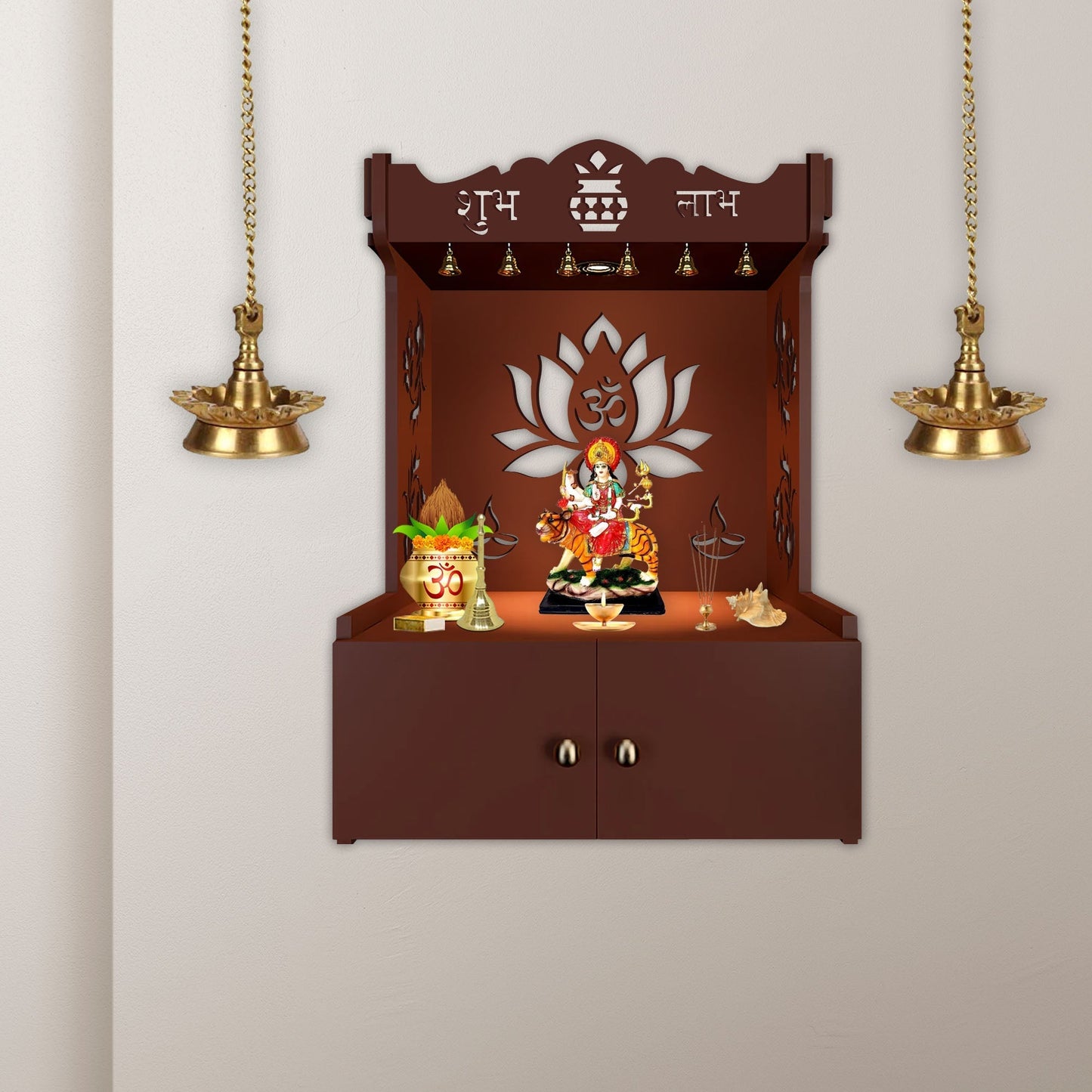 Beautiful Lotus Pattern Brown Wooden Wall Temple for Home With Inbuilt focus Lights & Spacious Shelf