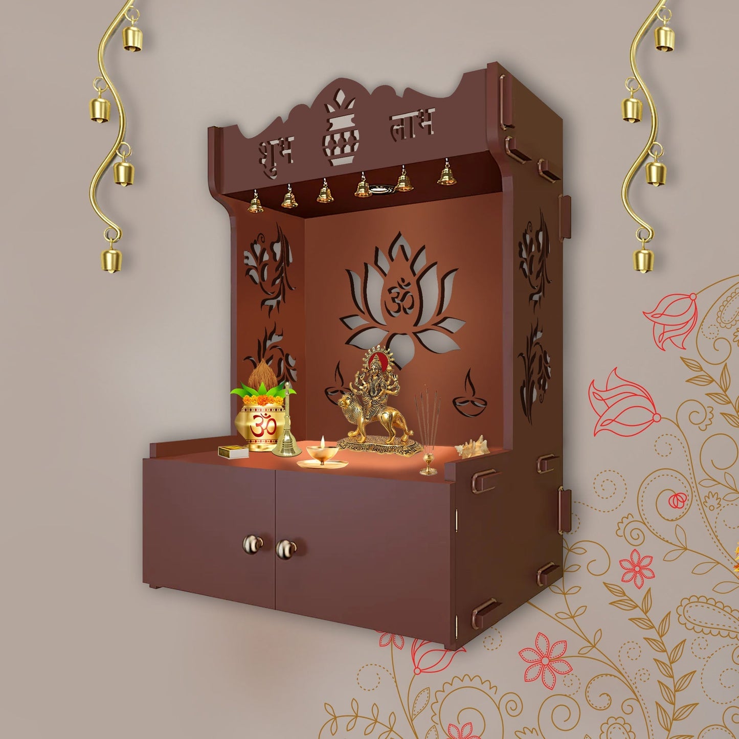 Beautiful Lotus Pattern Brown Wooden Wall Temple for Home With Inbuilt focus Lights & Spacious Shelf