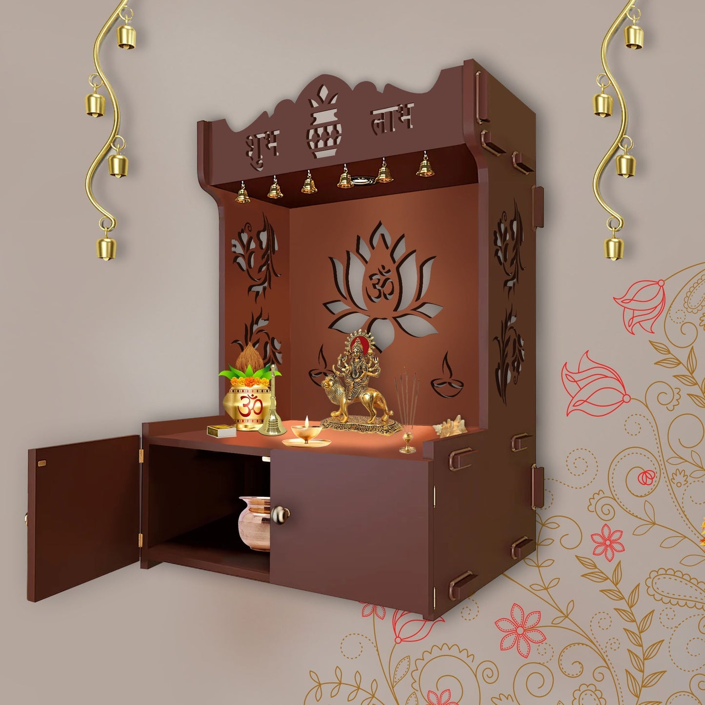 Beautiful Lotus Pattern Brown Wooden Wall Temple for Home With Inbuilt focus Lights & Spacious Shelf