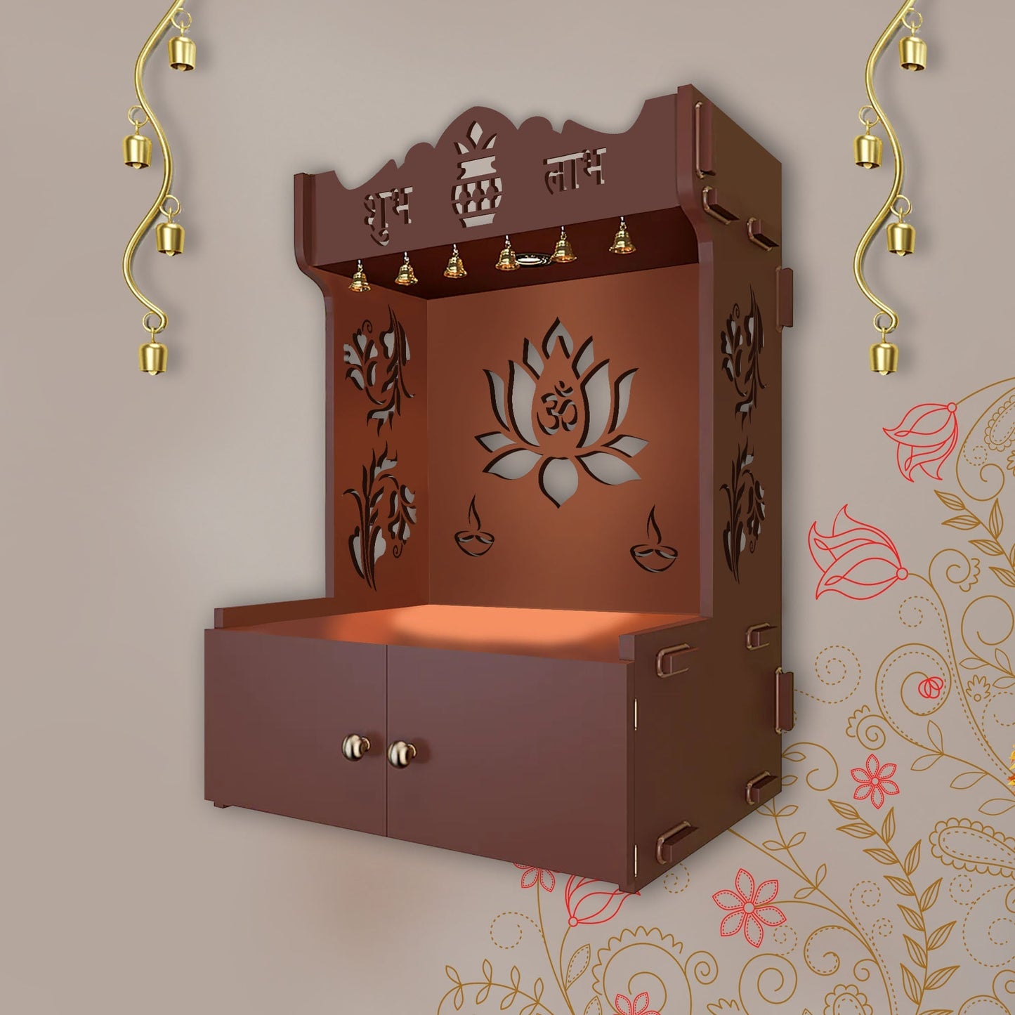 Beautiful Lotus Pattern Brown Wooden Wall Temple for Home With Inbuilt focus Lights & Spacious Shelf