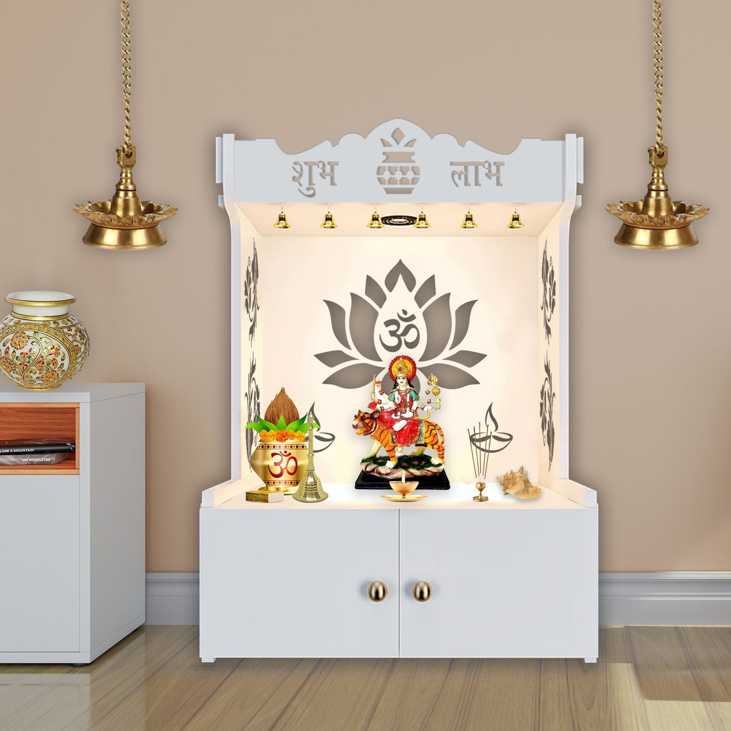 Beautiful Lotus Pattern Floor Temple with Spacious Wooden Shelf & Inbuilt Focus Light- White Finish