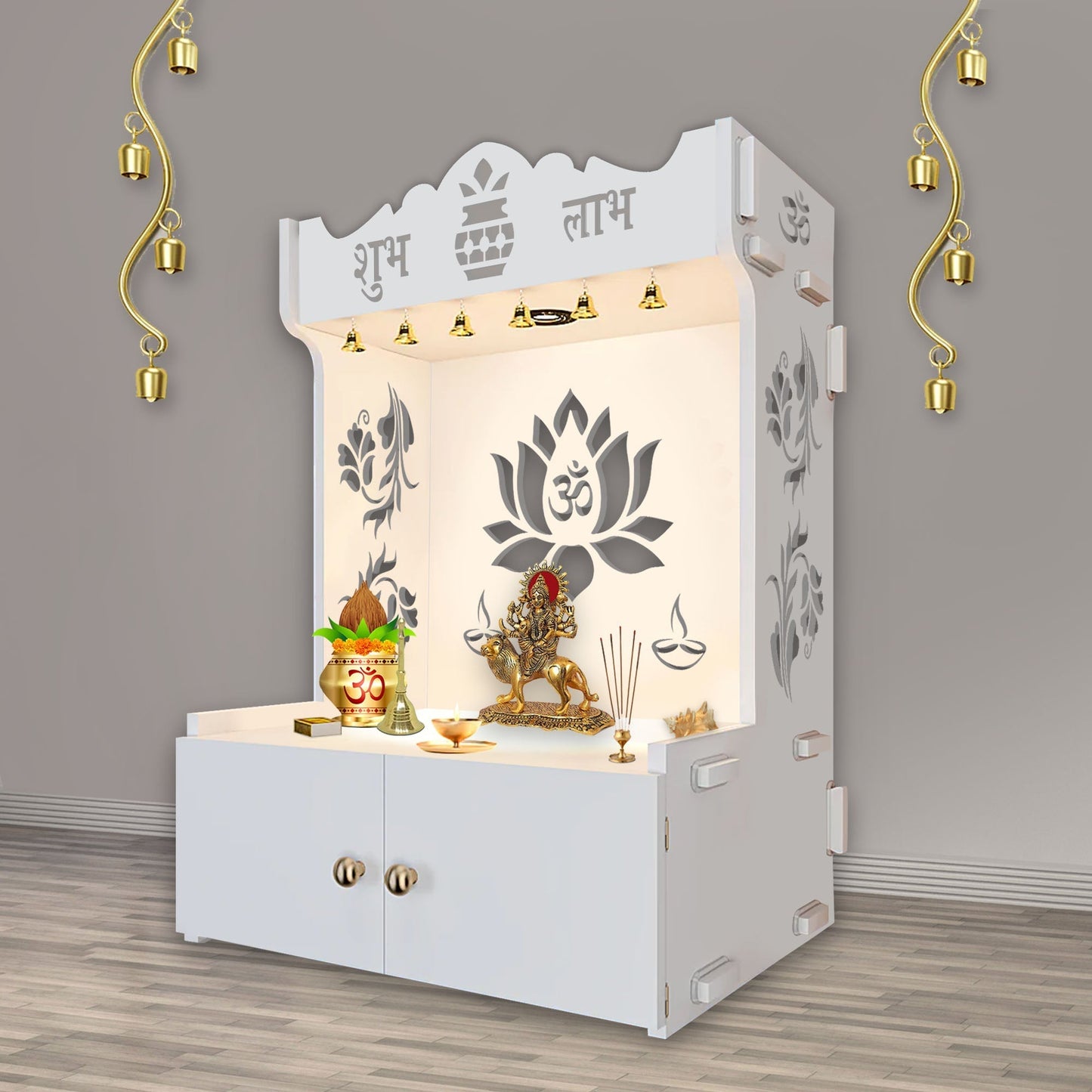 Beautiful Lotus Pattern Floor Temple with Spacious Wooden Shelf & Inbuilt Focus Light- White Finish