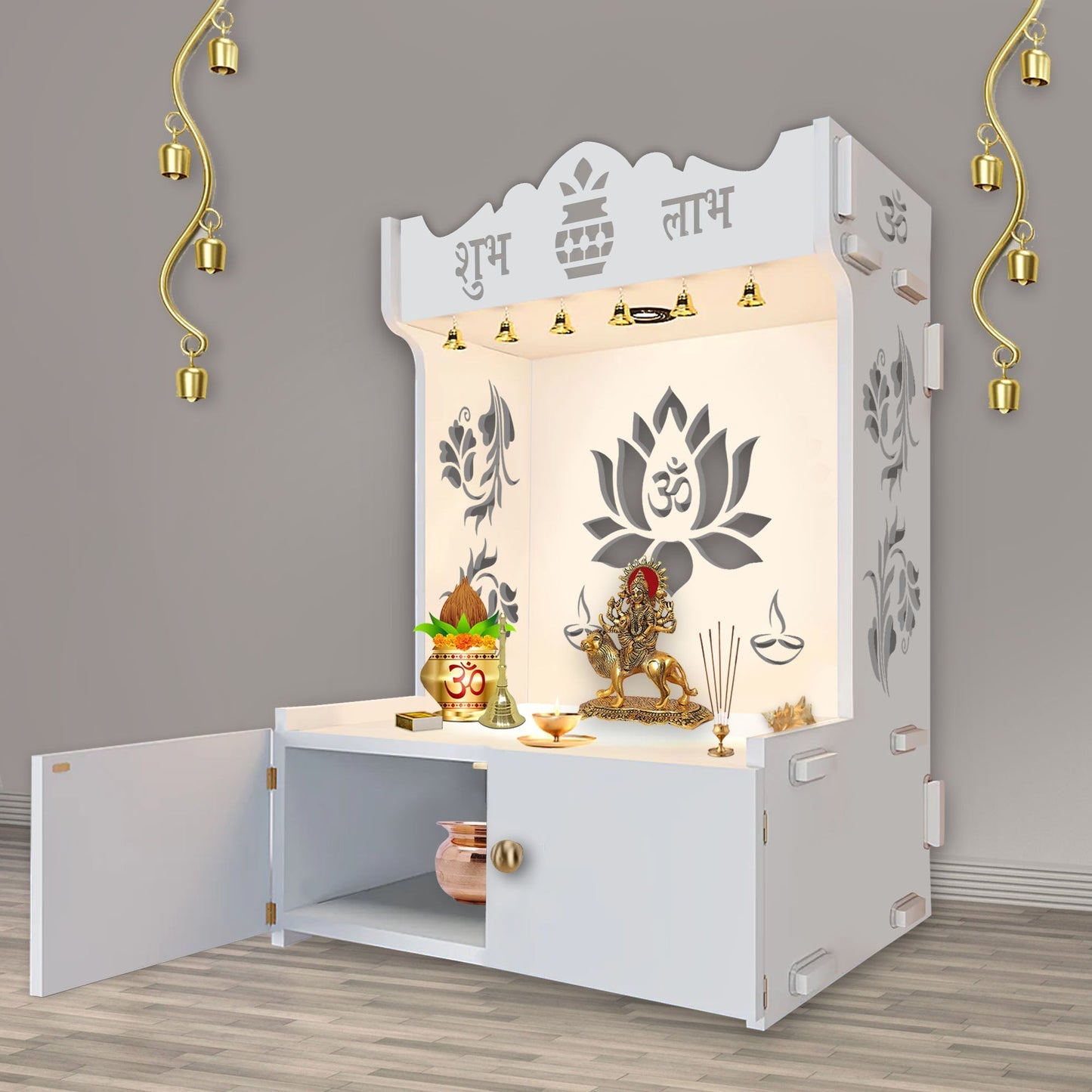 Beautiful Lotus Pattern Floor Temple with Spacious Wooden Shelf & Inbuilt Focus Light- White Finish