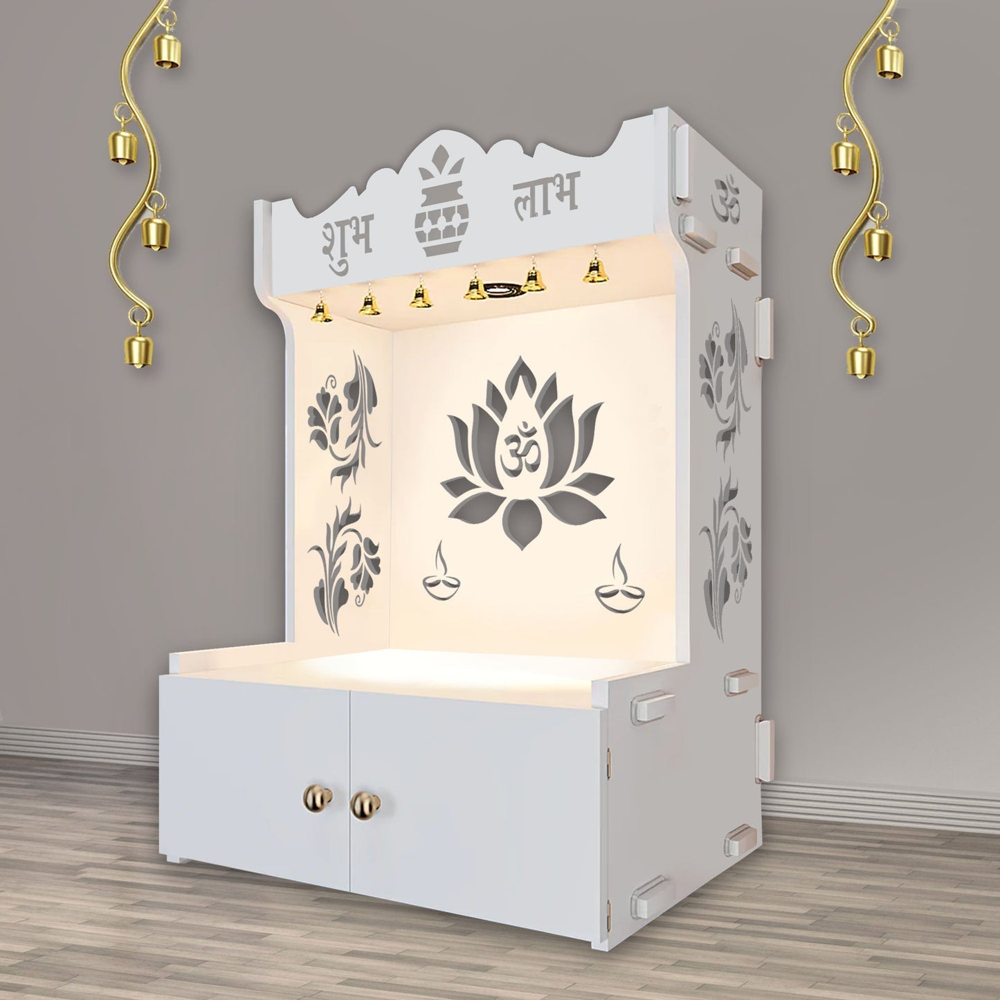 Beautiful Lotus Pattern Floor Temple with Spacious Wooden Shelf & Inbuilt Focus Light- White Finish