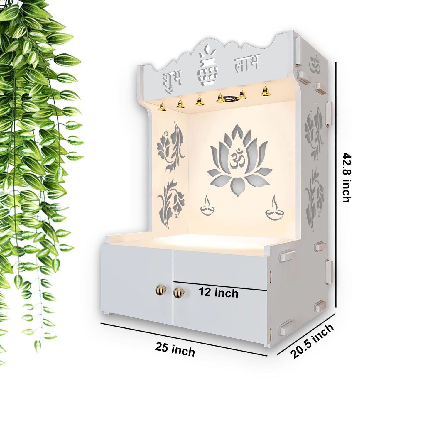 Beautiful Lotus Pattern Floor Temple with Spacious Wooden Shelf & Inbuilt Focus Light- White Finish