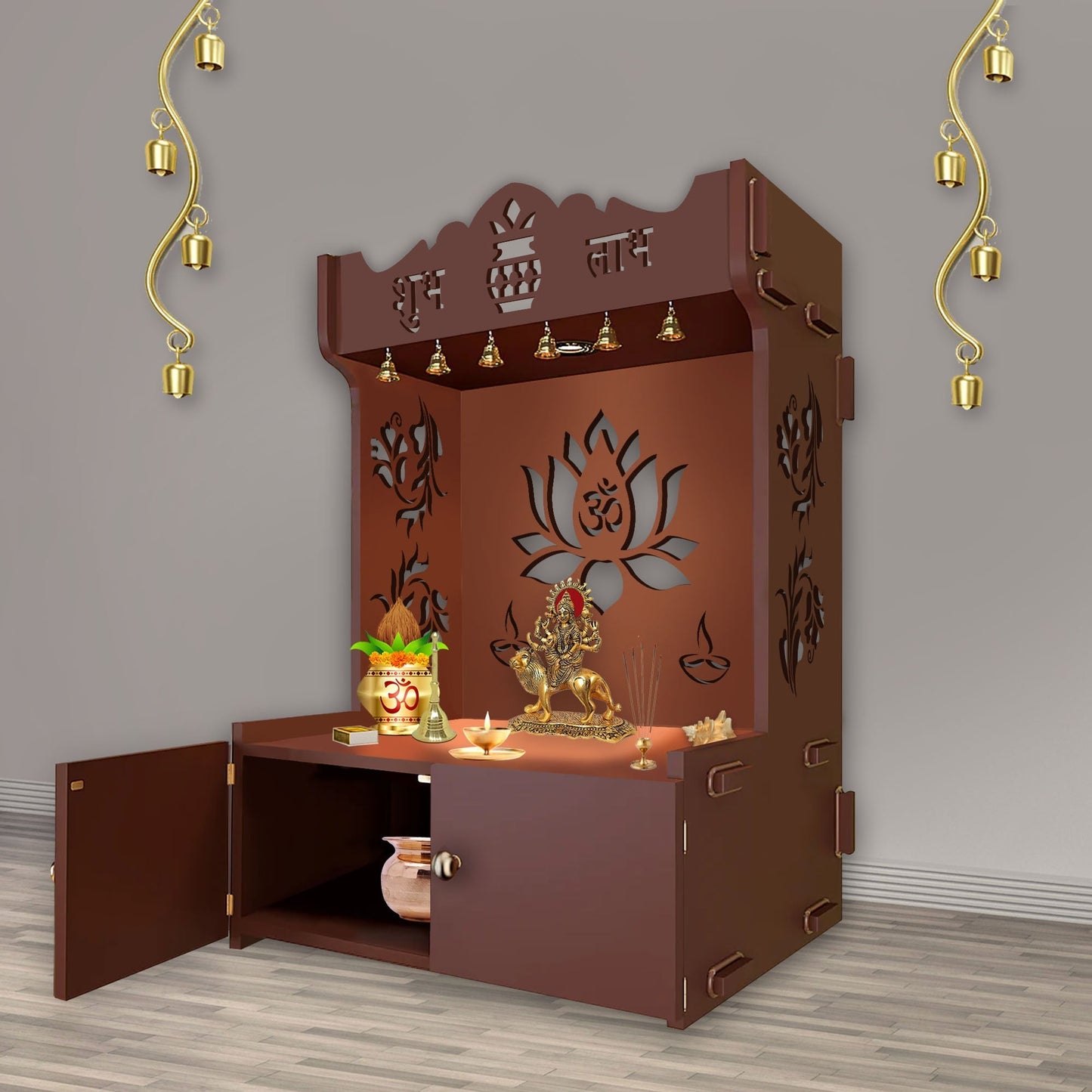 Beautiful Lotus Pattern Floor Temple with Spacious Wooden Shelf & Inbuilt Focus Light- Brown Finish