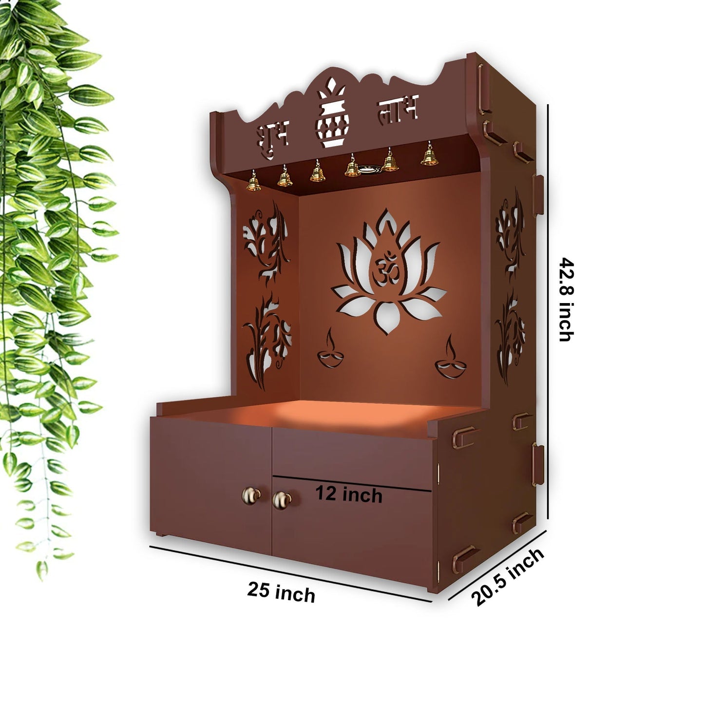 Beautiful Lotus Pattern Floor Temple with Spacious Wooden Shelf & Inbuilt Focus Light- Brown Finish