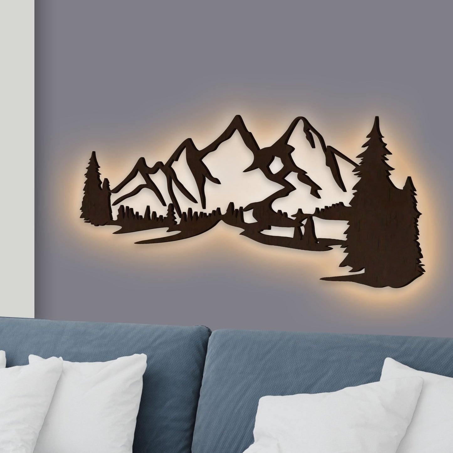 Beautiful Mountain Scenery Backlit Wooden Wall Decor with LED Night Light Walnut Finish