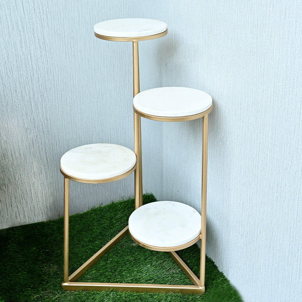 Beautiful Premium Looking Sturdy Metal Planter Stand With White Round Marble At Top - 4 Tier