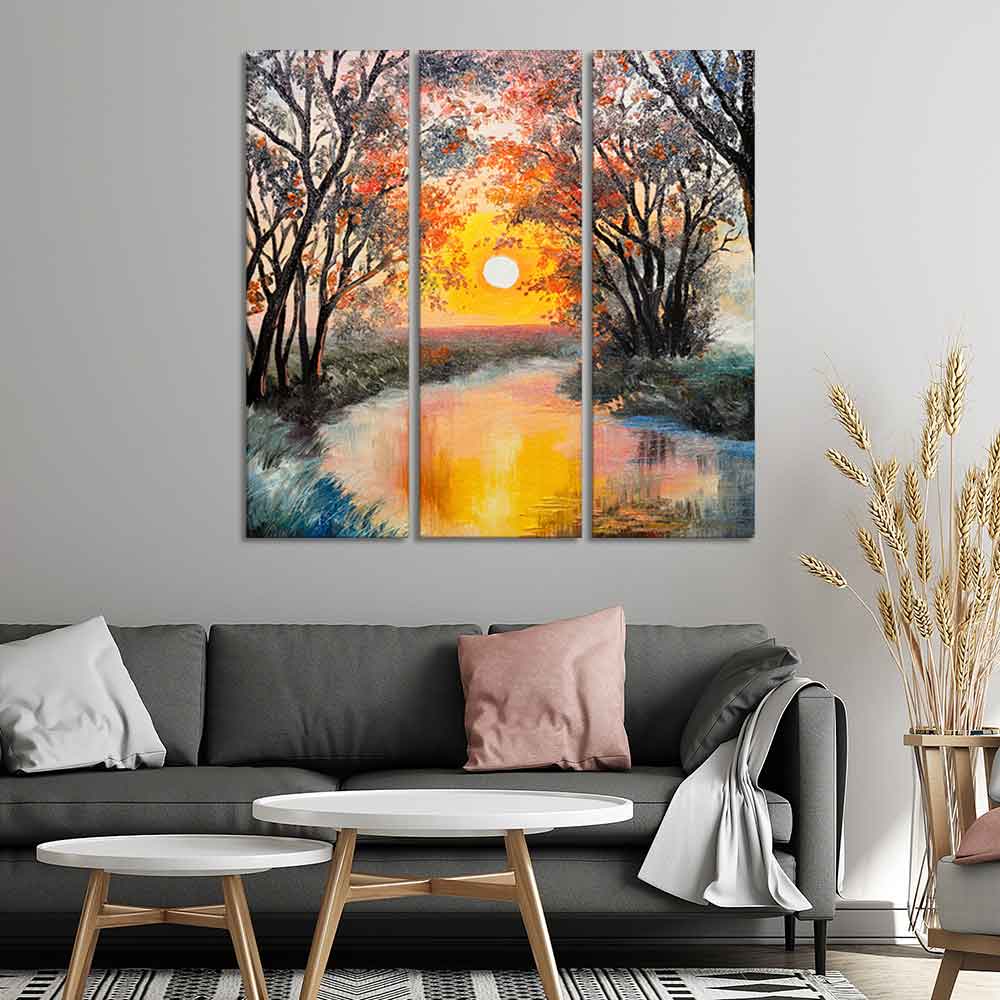 Beautiful Sunset at River Wall Painting Set of 3 Pieces