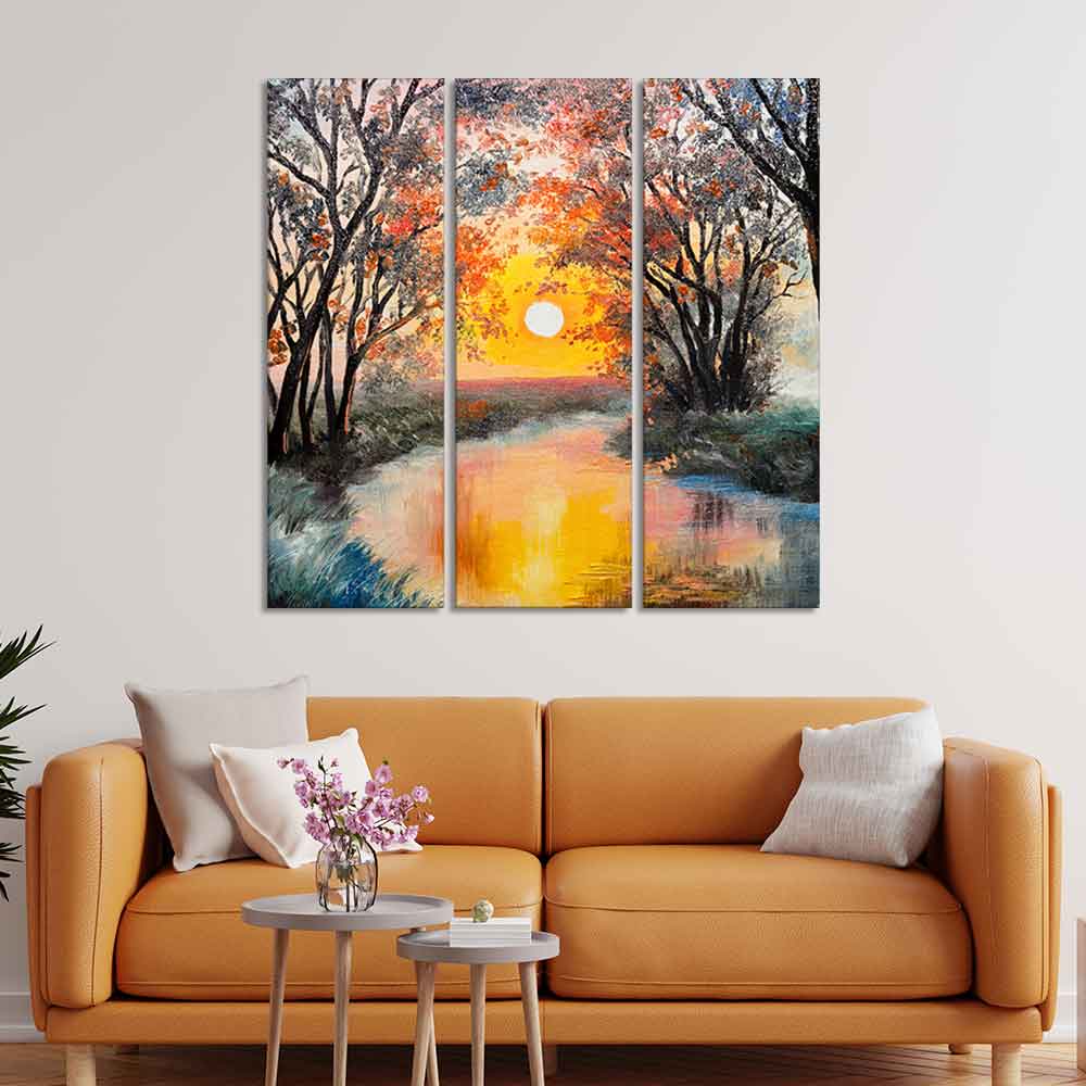 Beautiful Sunset at River Wall Painting Set of 3 Pieces