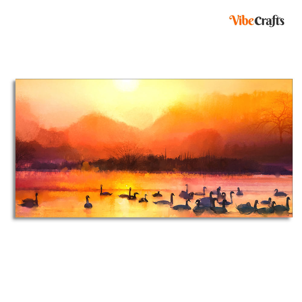 Beautiful Swans in Lake at Sunset Wall Painting