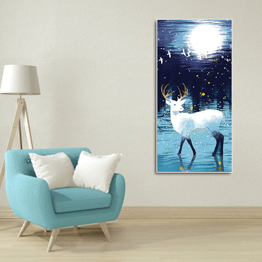 Beautiful White Deer in Full Moon Night Premium Canvas Wall Painting