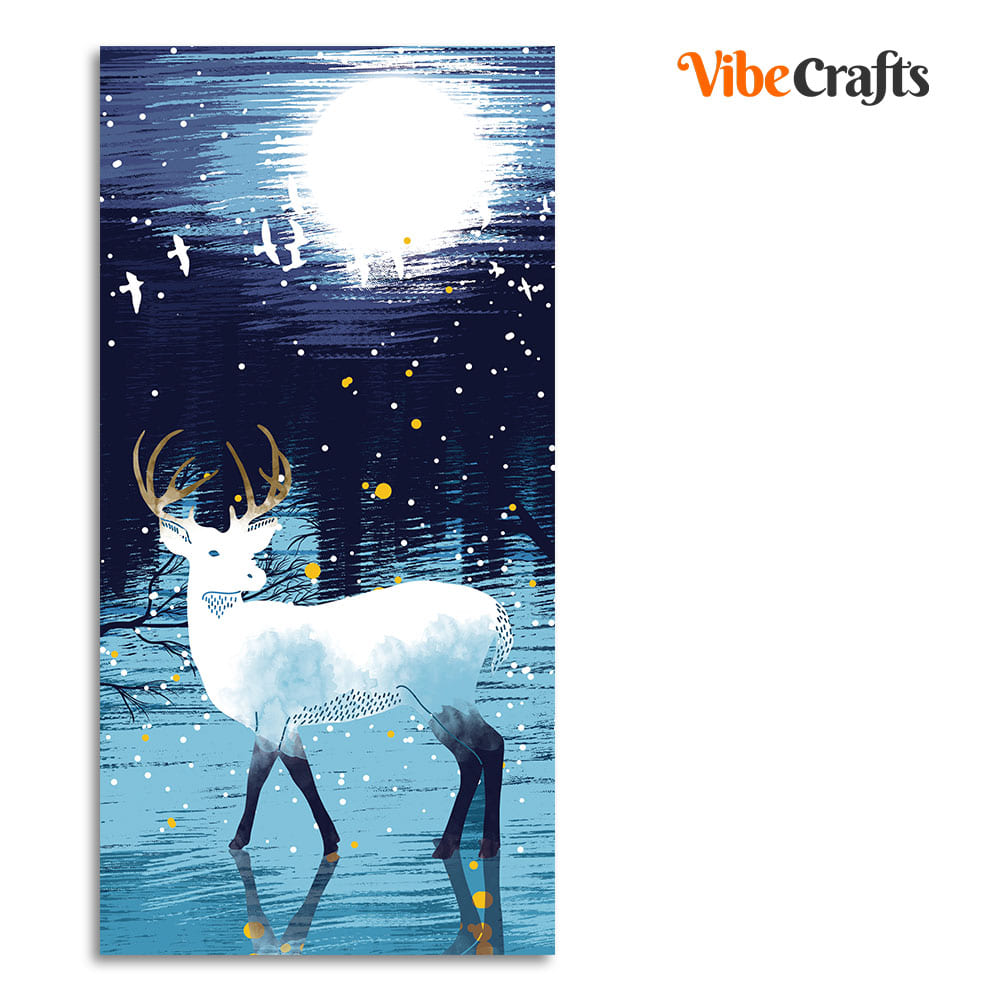 Beautiful White Deer in Full Moon Night Premium Canvas Wall Painting