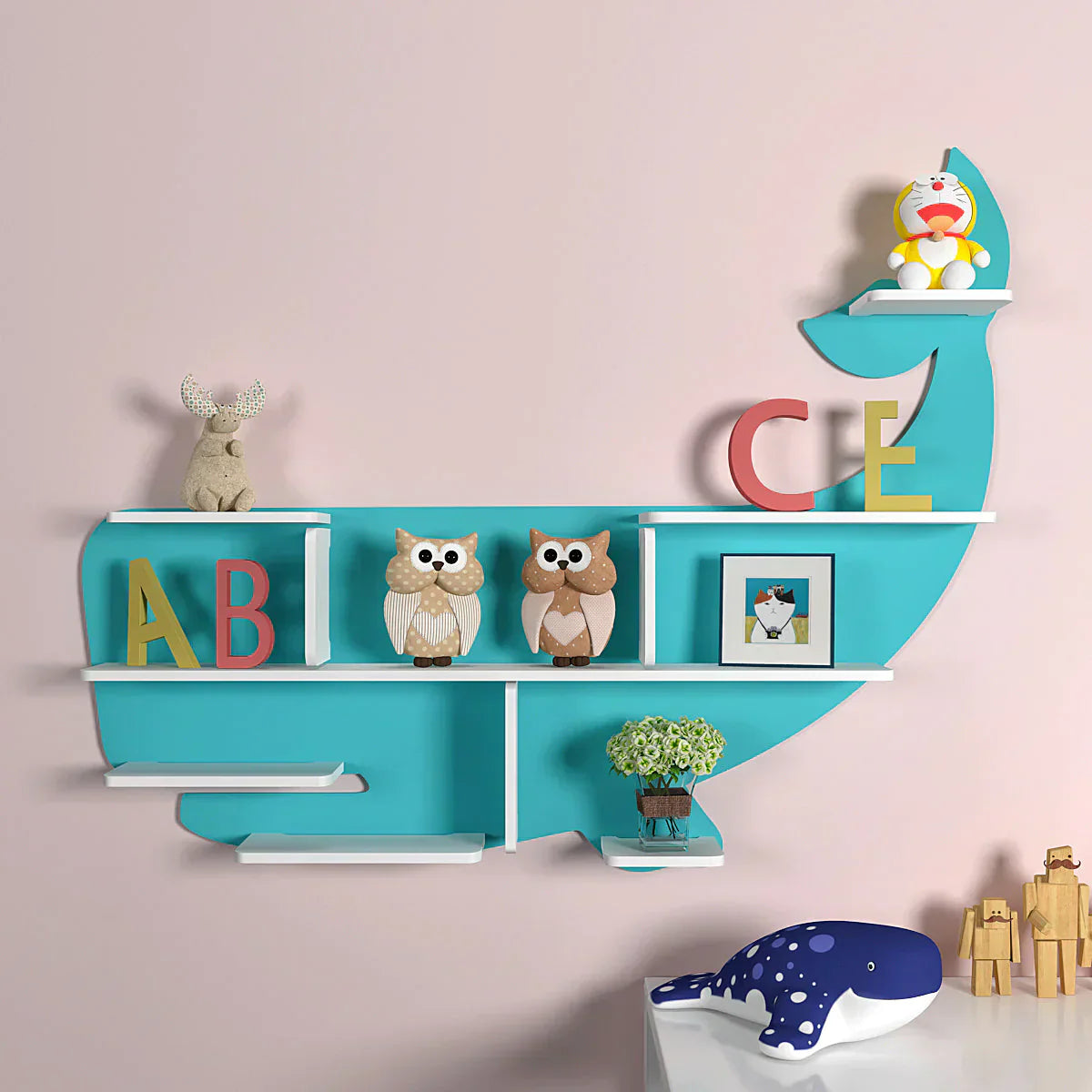 Blue Shark Shaped Wooden Wall Shelf for Kids