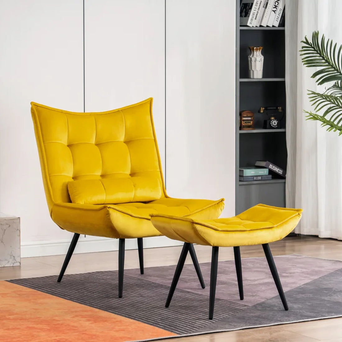 Bright Yellow Leatherette Finish Accent Chair with Footrest & Cushion