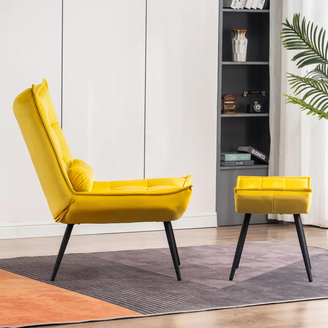 Bright Yellow Leatherette Finish Accent Chair with Footrest & Cushion