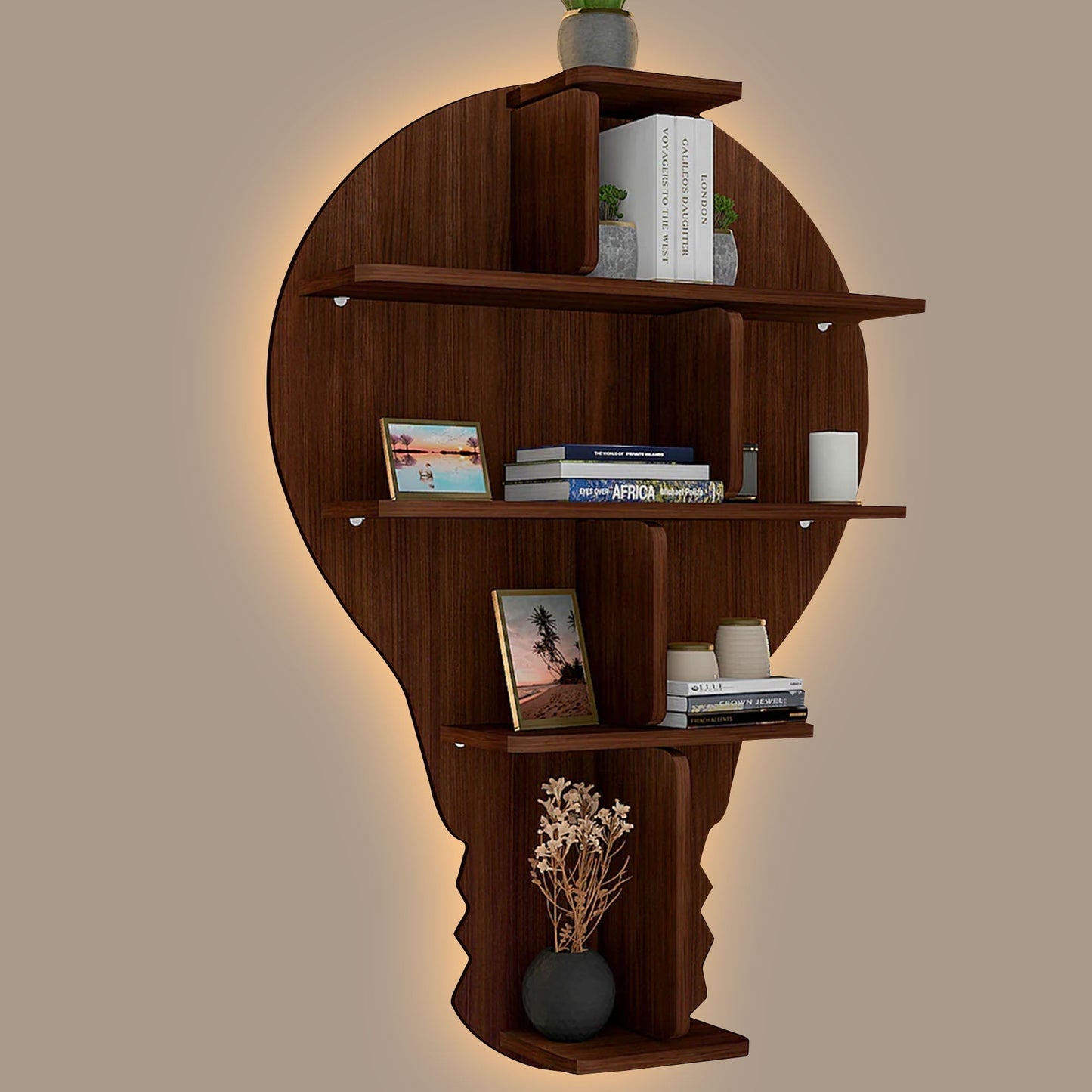 Bulb Shape Backlit Designer Wooden Wall Shelf / Book Shelf / Night Light, Walnut Finish