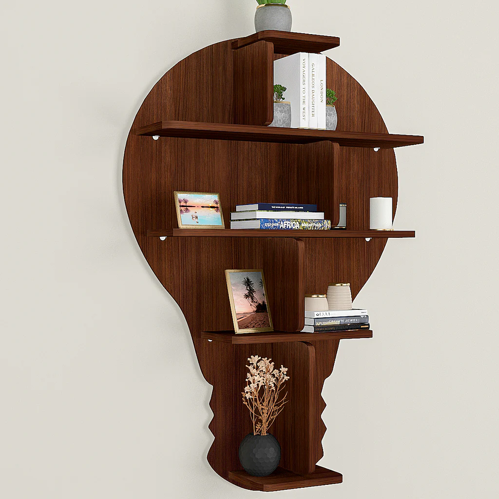 Bulb Shape Backlit Designer Wooden Wall Shelf / Book Shelf / Night Light, Walnut Finish