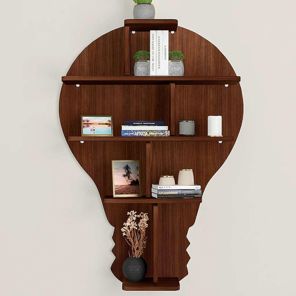 Bulb Shape Backlit Designer Wooden Wall Shelf / Book Shelf / Night Light, Walnut Finish