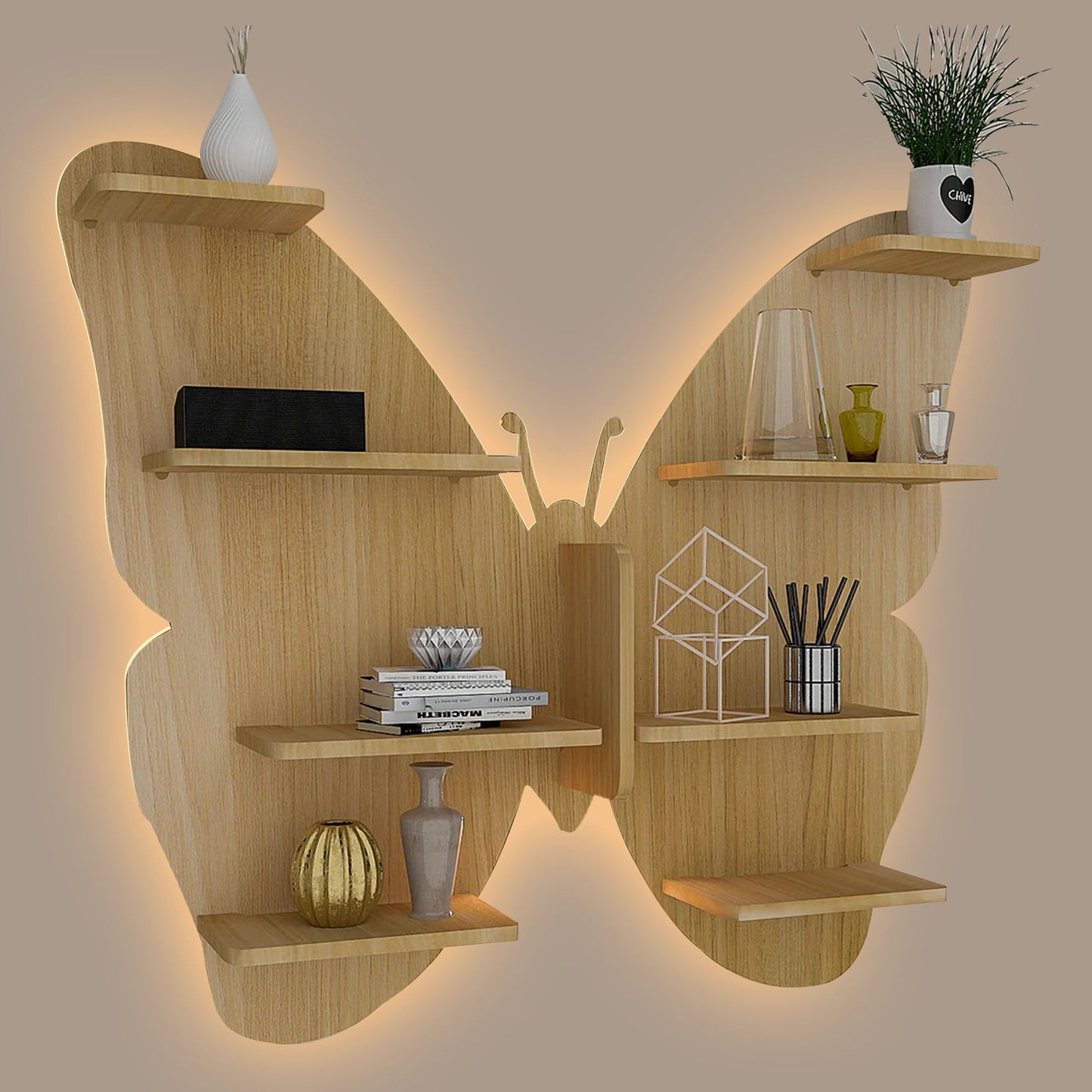 Butterfly Shape Backlit Designer Wooden Wall Shelf / Book Shelf / Night Light, Oak Finish