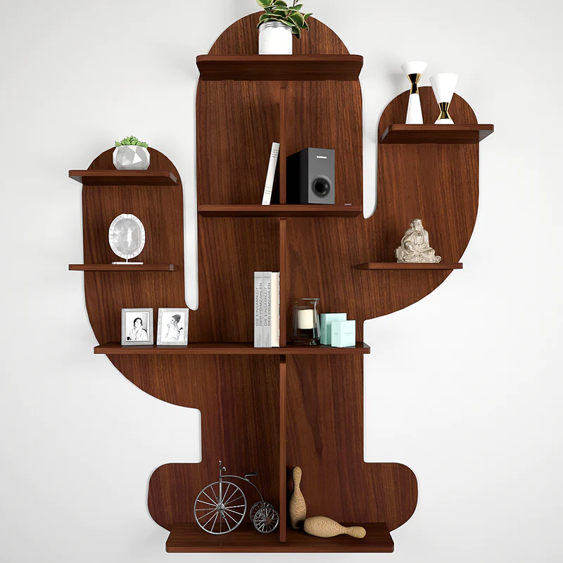 Cactus Shape Designer Wooden Wall Shelf / Book Shelf, Walnut Finish