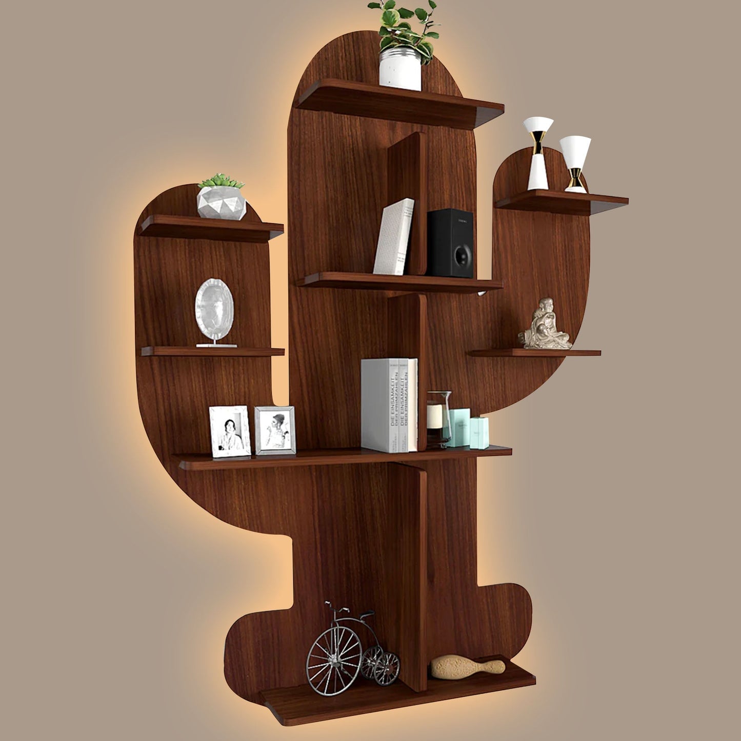 Cactus Shape Designer Wooden Wall Shelf / Book Shelf, Walnut Finish