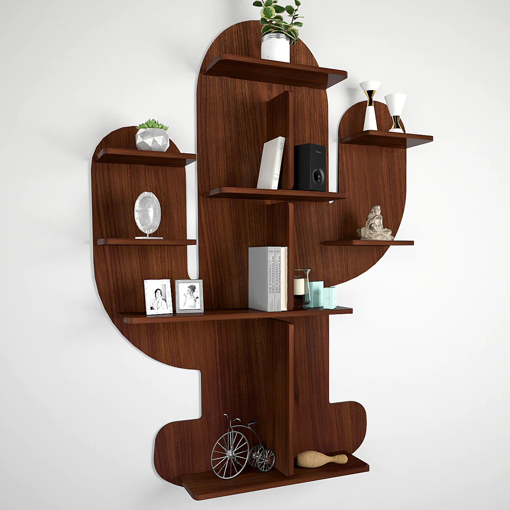 Cactus Shape Designer Wooden Wall Shelf / Book Shelf, Walnut Finish