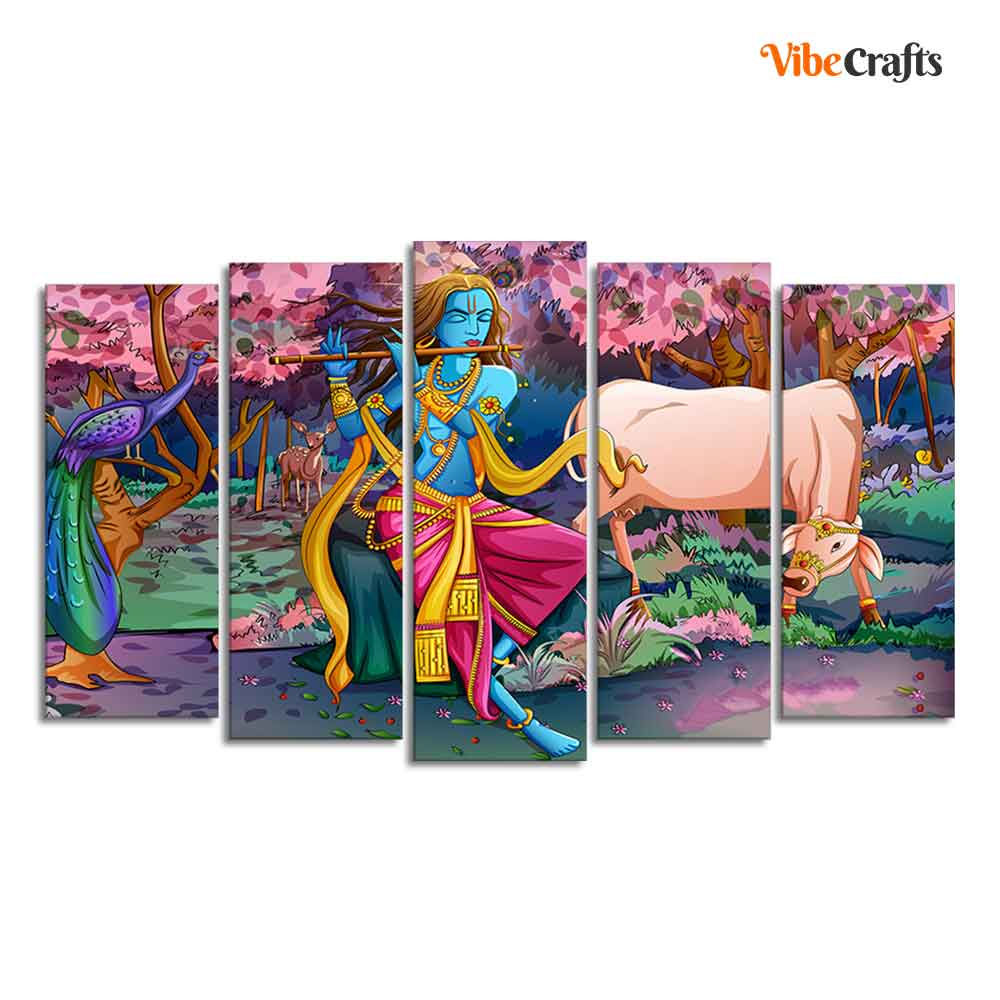 Canvas Wall Painting of Krishna Playing Flute Set of Five