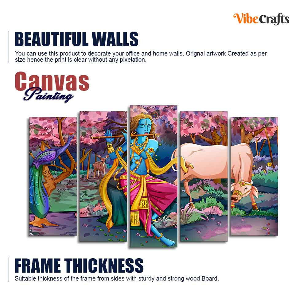 Canvas Wall Painting of Krishna Playing Flute Set of Five