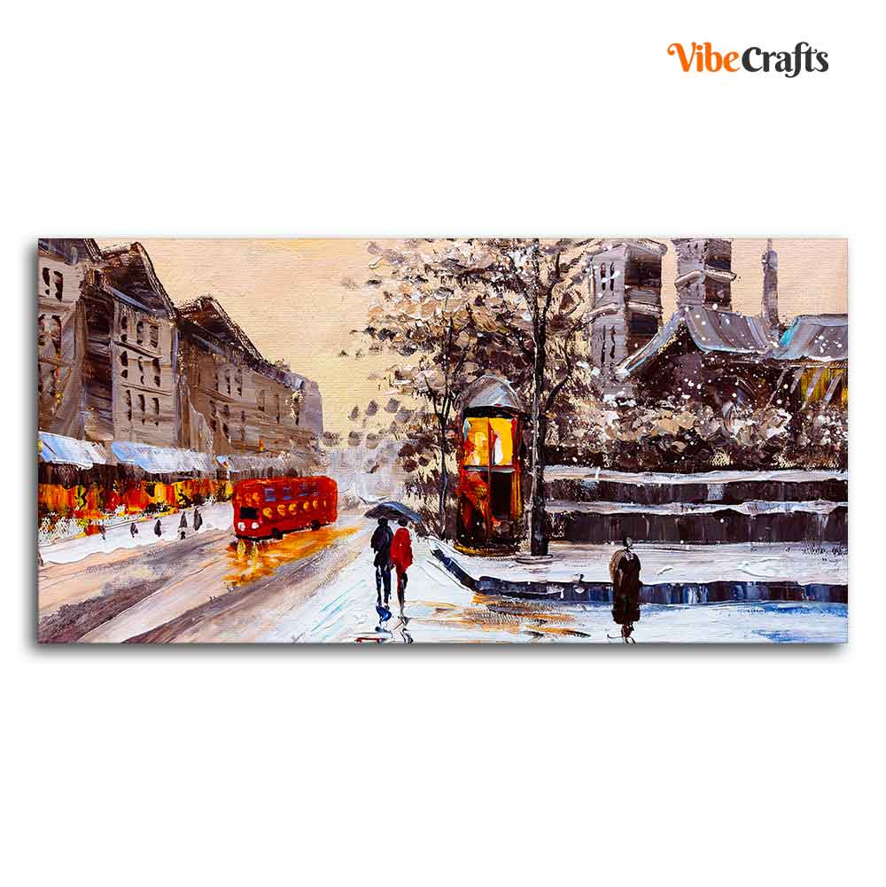 Canvas Wall Painting of Street view of London with Snowfall Background